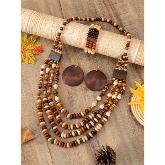 4pcs set Bohemian Style Wooden Necklace Bracelet Earrings Women Jewelry Set Gift For Mom