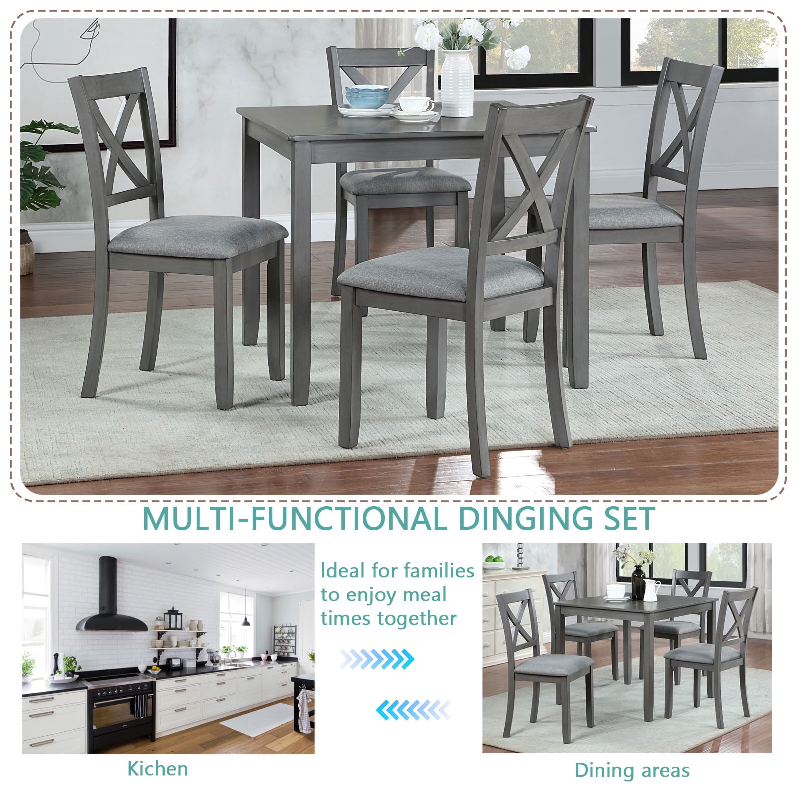 MAYEERTY 5-Piece Wooden Dining Table and Chairs Set for 4, Upholstered Dining Set with Water-Oil Resistant Tabletop for Kitchen Dining Room