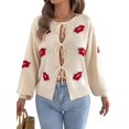 thumbnail image 3 of Women Jacquard Pattern Crew Neck Front Self Tie Cutout Lantern Long Sleeve Loose Knit Sweater Color L, 3 of 9