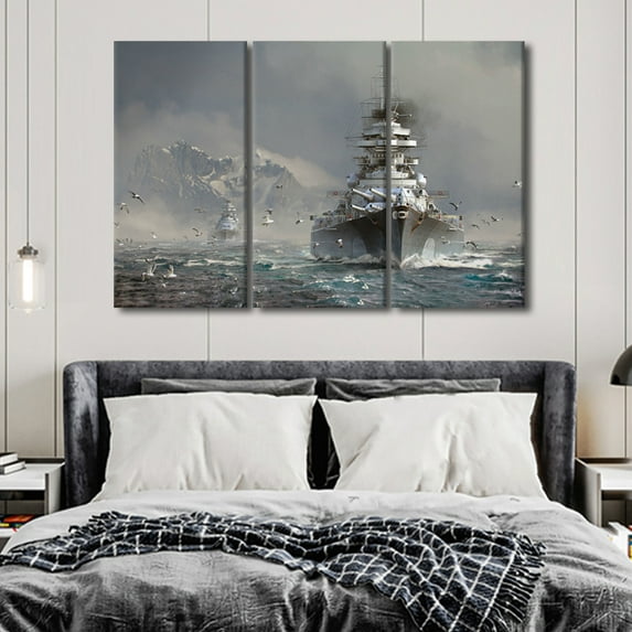 TISHIRON 3PCS Framed Canvas Wall Art Set,42"x28" Bismarck Battleship Canvas Art Decor