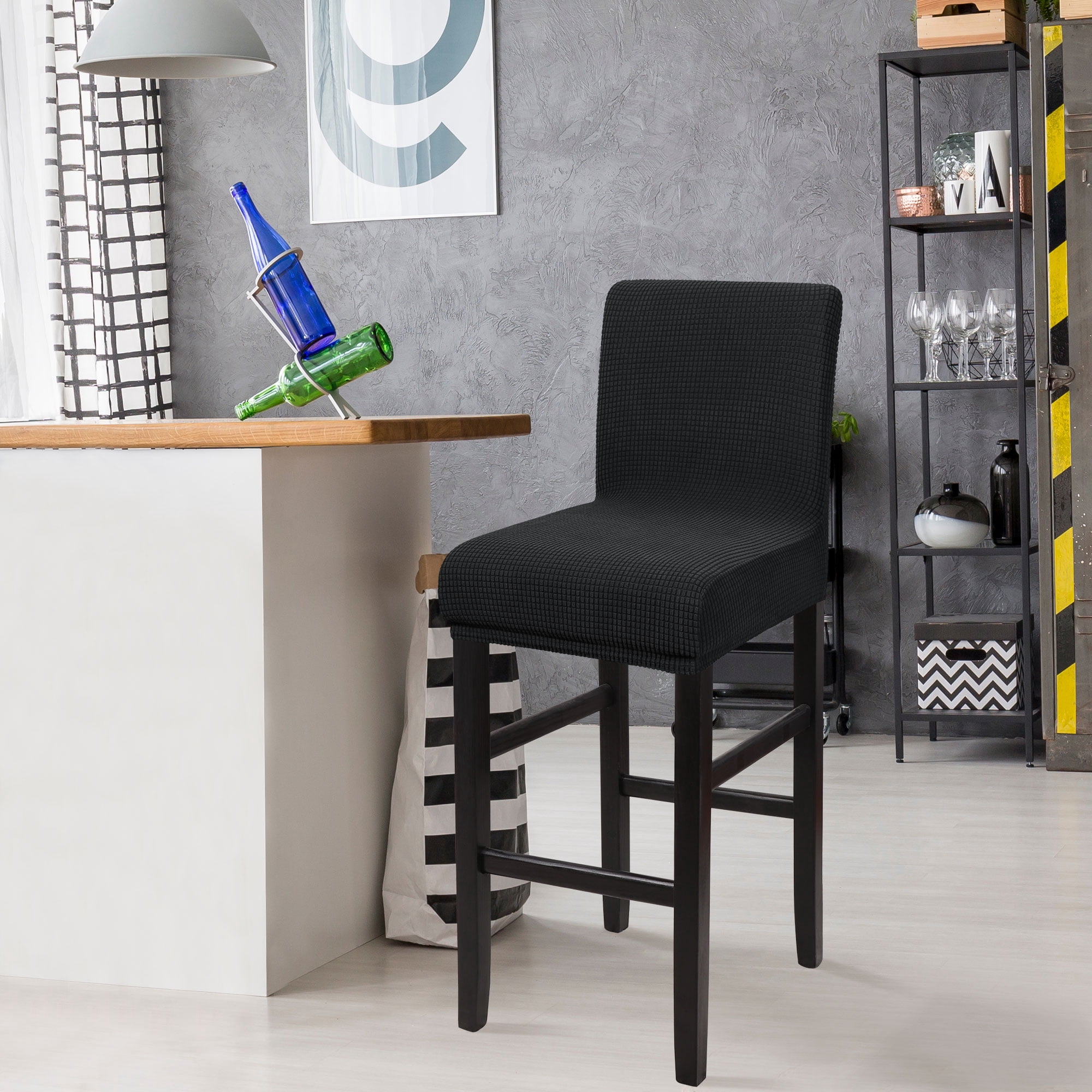 Unique Bargains Polyester Stretch Bar Stool Covers Elastic Band Mid Back Chair Slipcover Black 1 Pc