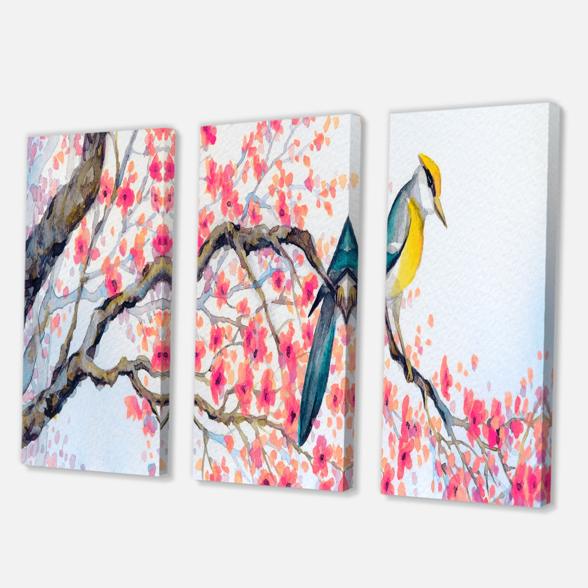 Designart ' Beautiful Pink Bird Sitting On Flowering Branch I ' Traditional Canvas Wall Art Print