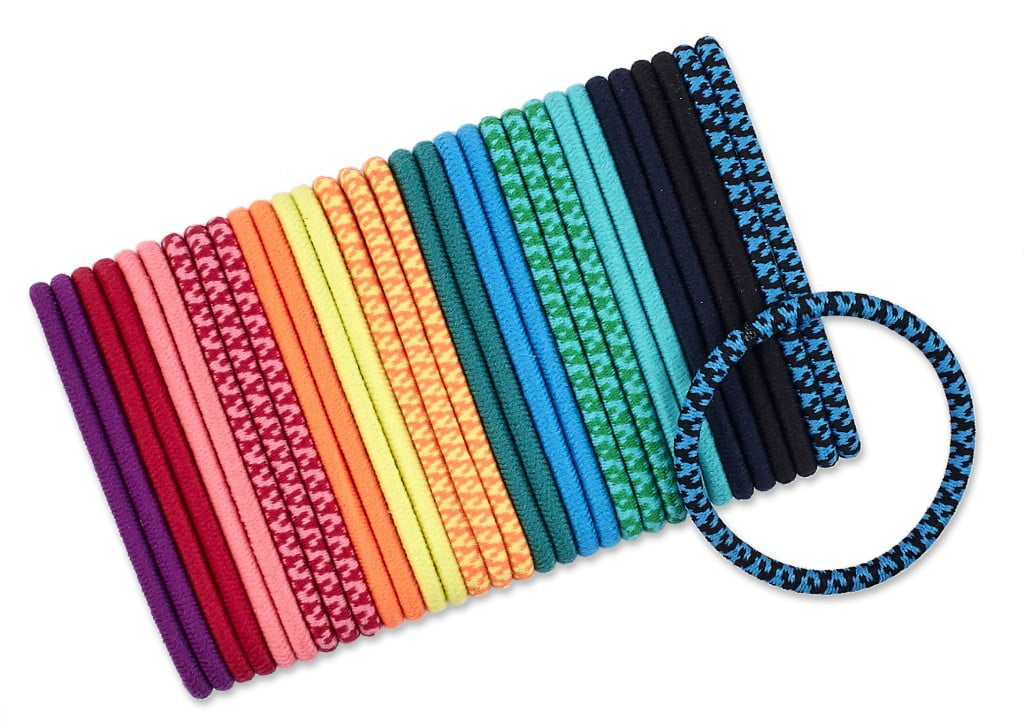 Scunci No-Damage Elastic Stretch Medium-Hold Nylon Hairbands in Multi-Color Solids and Patterns: Pink, Blue, Purple, Orange, Yellow, Green, and Black, 32ct