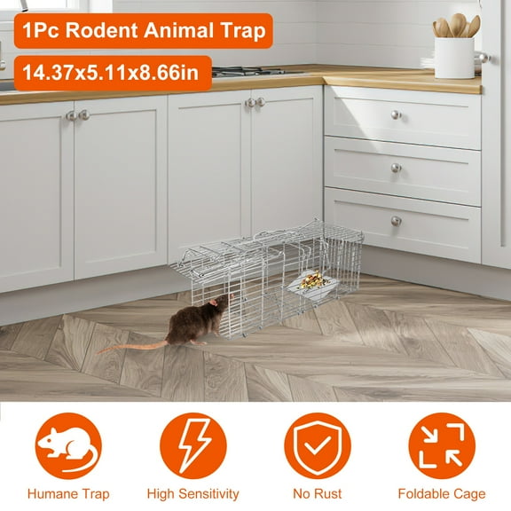 Zorpupoa 1Pc Humane Live Rat Trap Cage Galvanized Iron Foldable Rat Trap Cage Mice Mouse Control Bait Catch with Detachable L Shaped Rod Silver