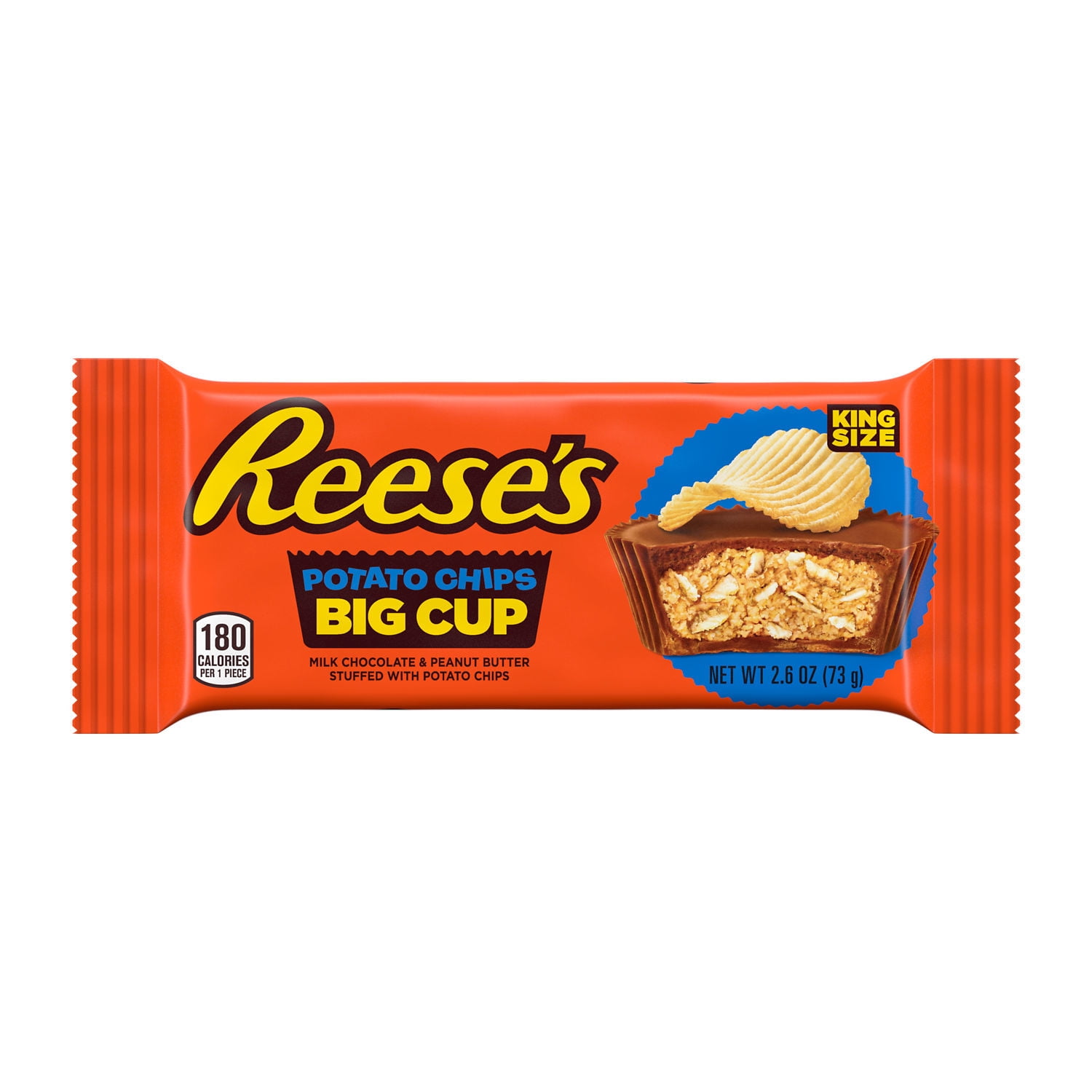 REESE'S, Big Cup Milk Chocolate Peanut Butter with Potato Chips King Size Cups Candy, Gluten Free, 2.6 oz, Pack