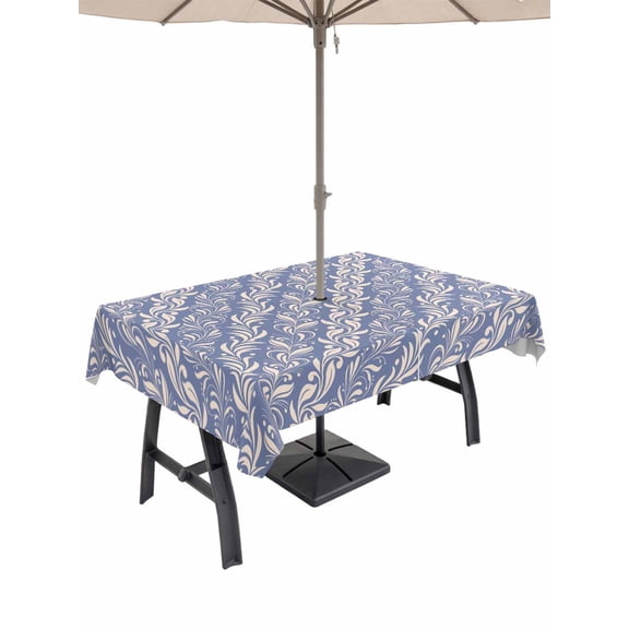 Outdoor Tablecloth with Umbrella Hole for Patio/Picnic/Party/Camping, Blue Floral Waterproof Table Cloth Rectangle Table Cover Washable, Spring Flowers Pattern Plants Simple Vintage (60"x 84")