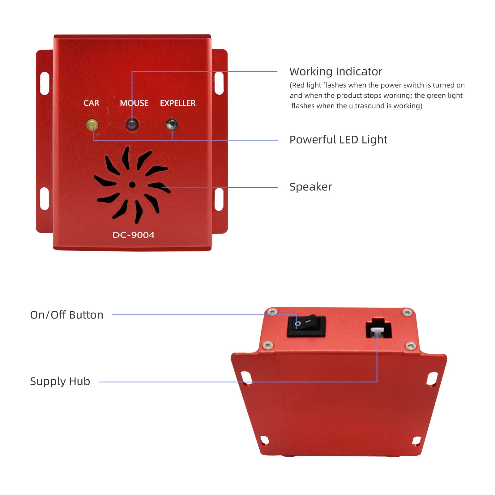 NFTIGB Ultrasonic Car Mice Repeller Electronic Pest Deterrent Under Hood Rodent Repellent 12V Aluminum Alloy Humane Harmless Red 3.27 inches / 8.3 cm
