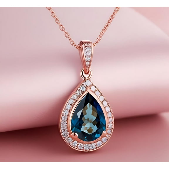 3 Carat Oval London Blue Topaz 925 Silver 14K Rose Gold Plated Necklace Pendant With 18 Inch Cable Chain & Spring Lock Birthday Anniversary Gift