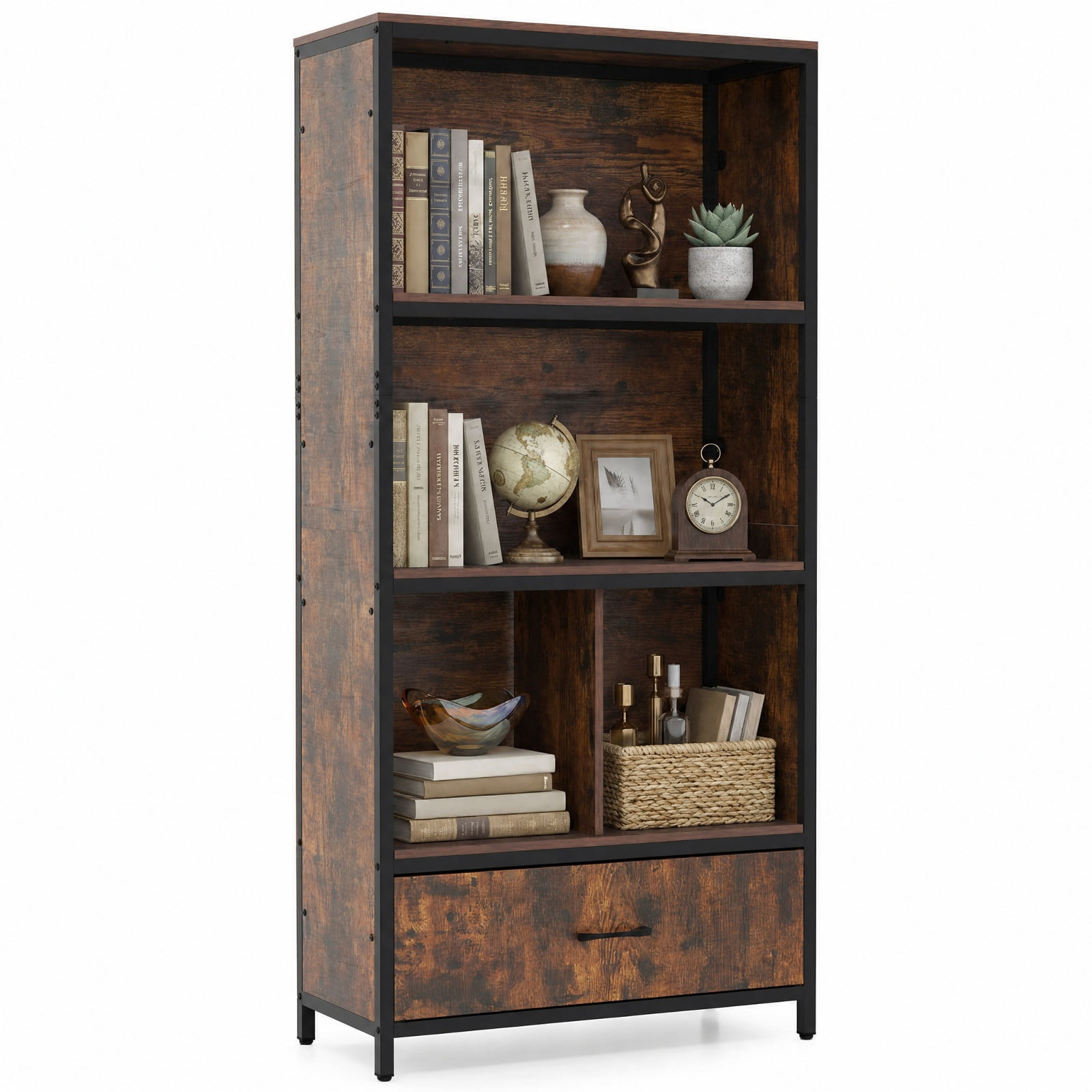 Furnibear 56" Tall Freestanding Bookcase with Drawer 5 Tier-RusticBrown for Living Room Home Office Bedroom Display Storage Shelf, Coffee
