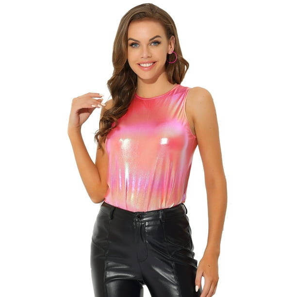 Allegra K Women's Party Shiny Sleeveless Camisole Club Shimmer Metallic Tank  Top X-Large Hot Pink 