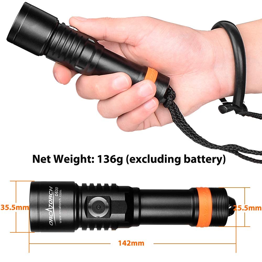 ORCATORCH D530 Rechargeable Scuba Dive Light with Spare Battery, Cold White 1300LM Super Bright Scuba Diving Flashlight, Waterproof Submersible Torch for Underwater 150m Diving