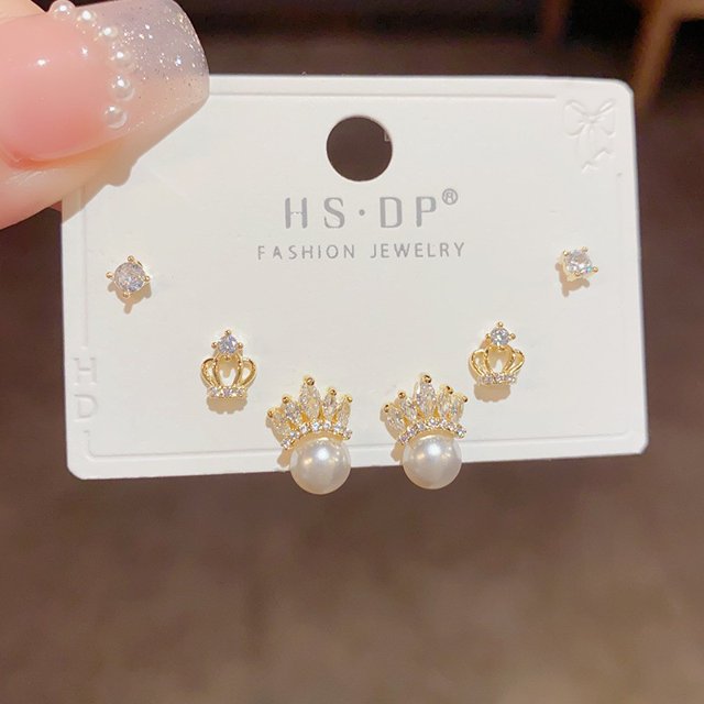 Pendientes cortos con microincrustaciones de circonitas y aguja de plata S925, pendientes de pelo corto, pendientes elegantes japoneses y coreanos de tres piezas, sencillos y combinables para mujer