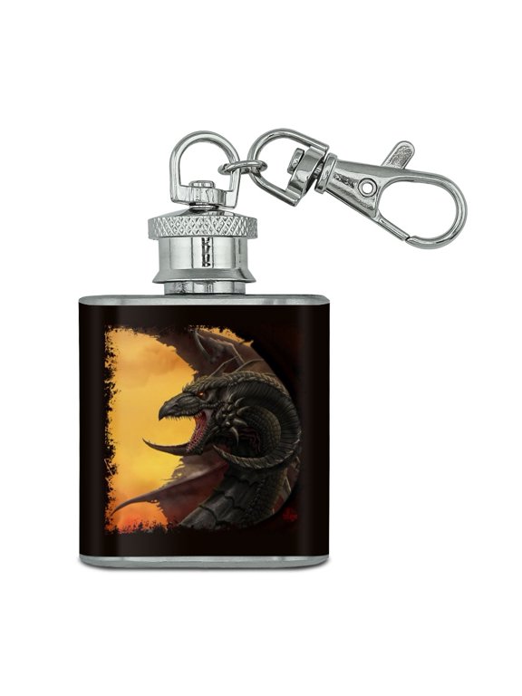 Black Winged Dragon Fantasy Stainless Steel 1oz Mini Flask Key Chain