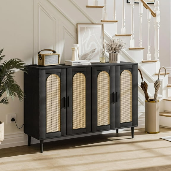 Rattan Cabinet with Power Outlet, Boho Wooden Sideboard Buffet with 4 Doors, Wood Sideboard Cabinet Buffet, Accent Cabinets for Entryway, Hallway, Dining Room, Living Room, Coffee Bar
