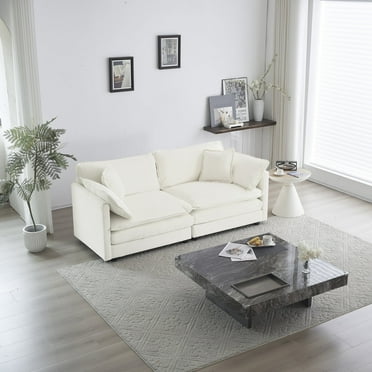 Newboti Furniture Modern Fabric Loveseat Sofa Couch For Living Room, Upholstered Large Size Deep Seat 2-Seat Sofa With 4 Pillows, White Chenille 0026