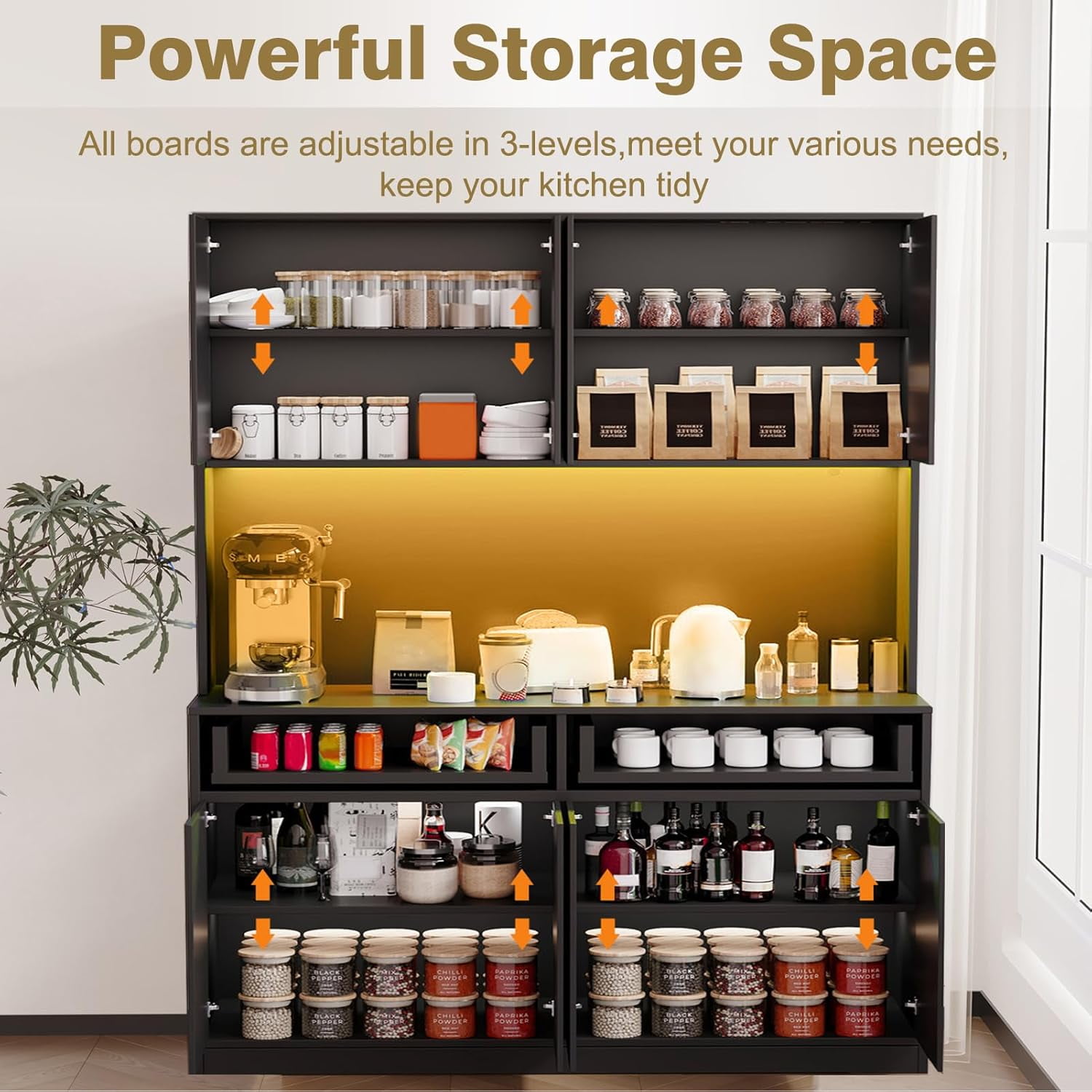 71'' Tall Coffee Bar Cabinet with LED Light & Power Charging Station, 47"W Modern Kitchen Pantry Hutch w/ 8-Door Storage Cabinet & 2 Drawers 4 Adjustable Shelves