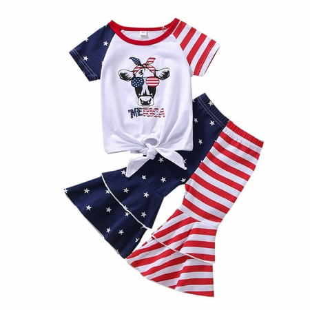 

Toddler Girls Independence Day 4th Of July Short Sleeve Cartoon Printed T-Shirt Pullover Tops Bell Bottoms Pants Kids Baby Outfits