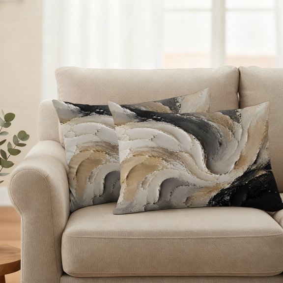 Outdoor Pillow Cover 20x12in Set of 2, Neutral Beige Black Impasto Swirl Waterproof Decorative Throw Pillow Cover for Couch Sofa, Abstract Oil Painting Pillowcase Cushion Cases for Patio Garden