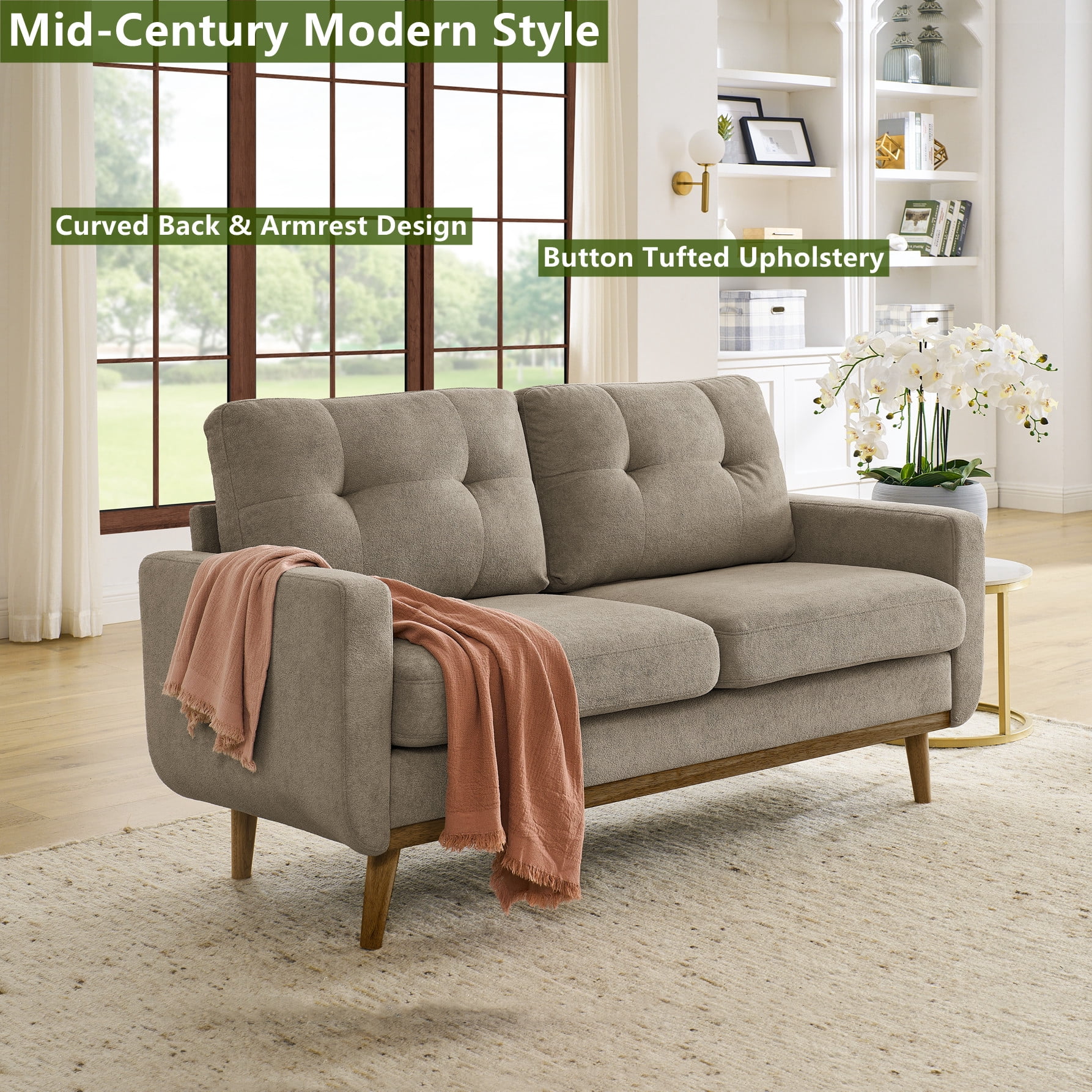 Aukfa 68" Small Sofa Couch Comfy Mid Century Modern Loveseat Sofa for Living Room Bedroom, Khaki