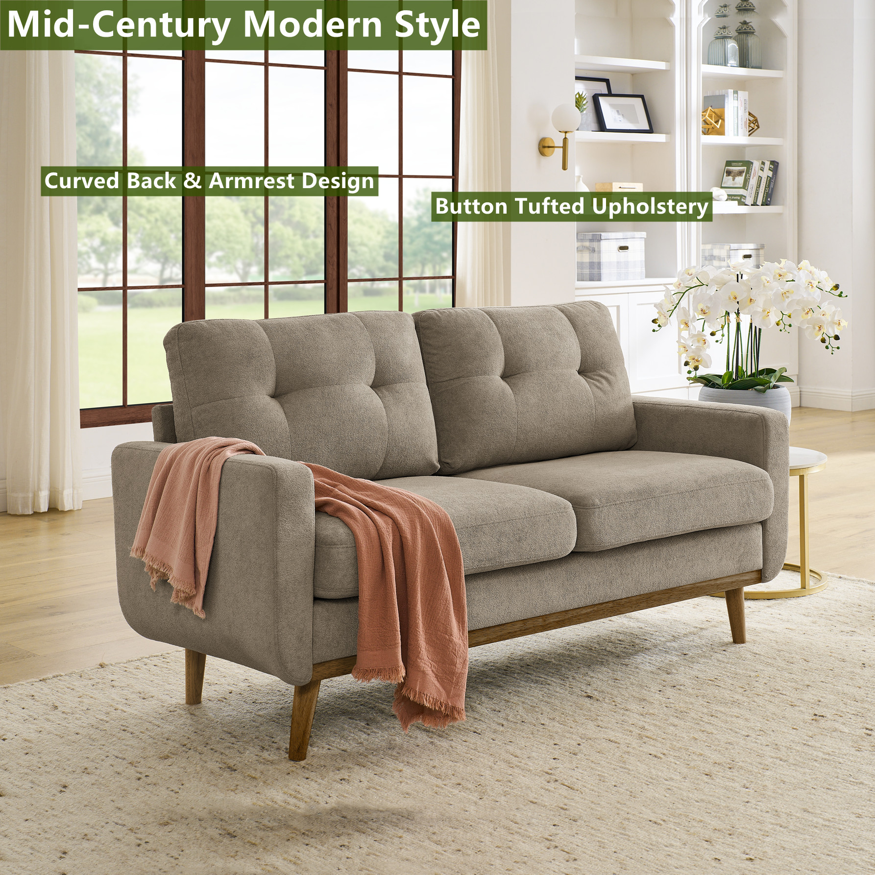 Aukfa 68" Mid Century Modern Loveseat, Khaki Chenille photo 3