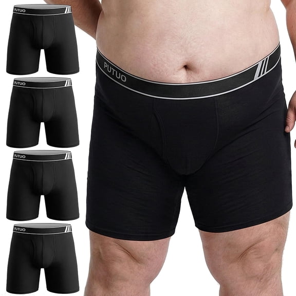 Big and Tall Mens Underwear, PUTUO Mens Boxer Briefs, Comfort Cotton Stretch Classic Design, Length Moisture Wicking Underwear 5-Pack, Black