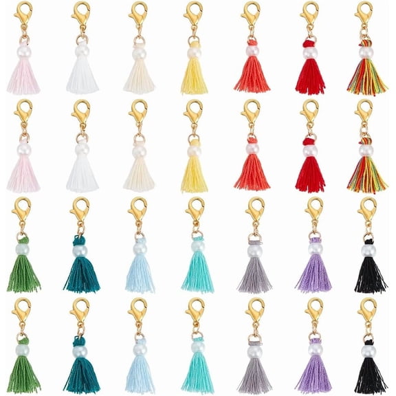 28Pcs 14 Colors Mini Tassel with Lobster Clasp 28Pcs Craft Tassels with Imitation Pearl Clip on Charm for Bracelets Jewelry Making Key Chain and Craft Supplies