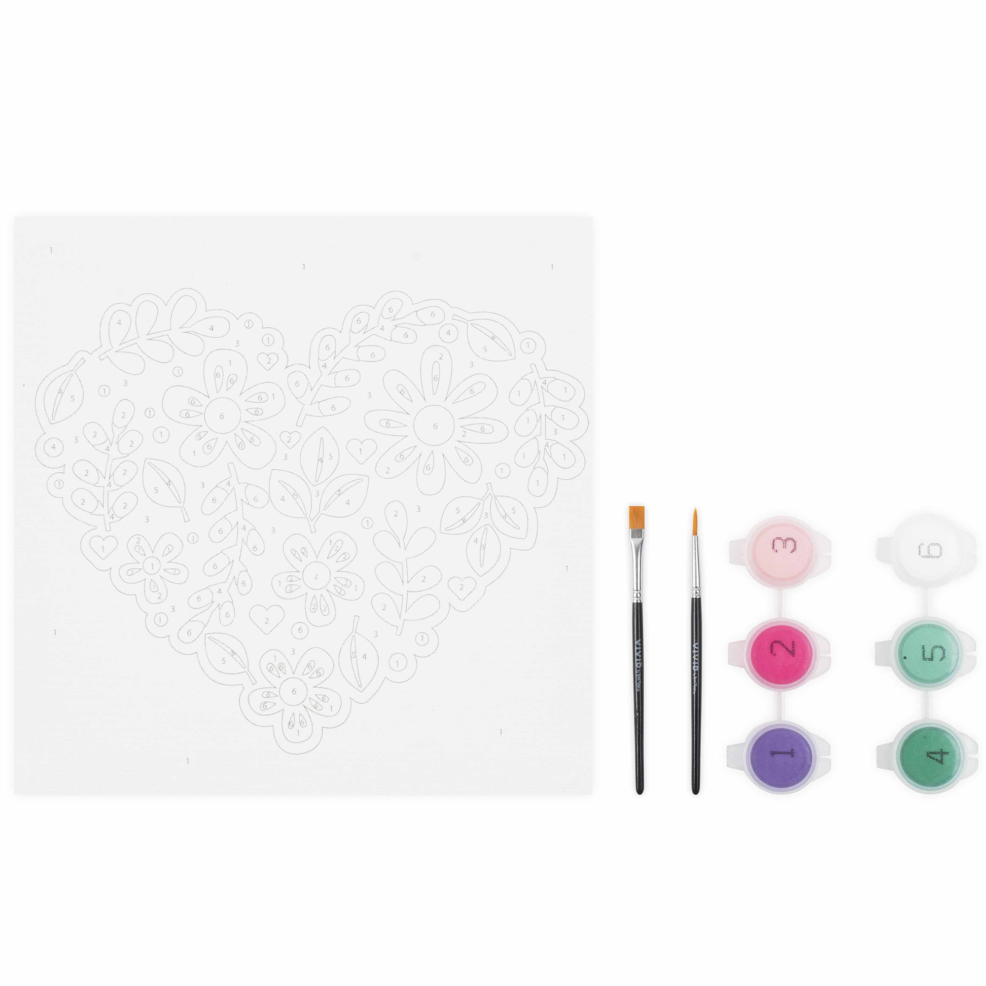 Vivid by Brea Reese: Acrylic Mini Paint-By-Number Kit – Flower Heart - 6 x 6" Canvas, 6 Paint Pods, 2 Brushes, Purple-Pink-Green Colors, DIY Art Craft