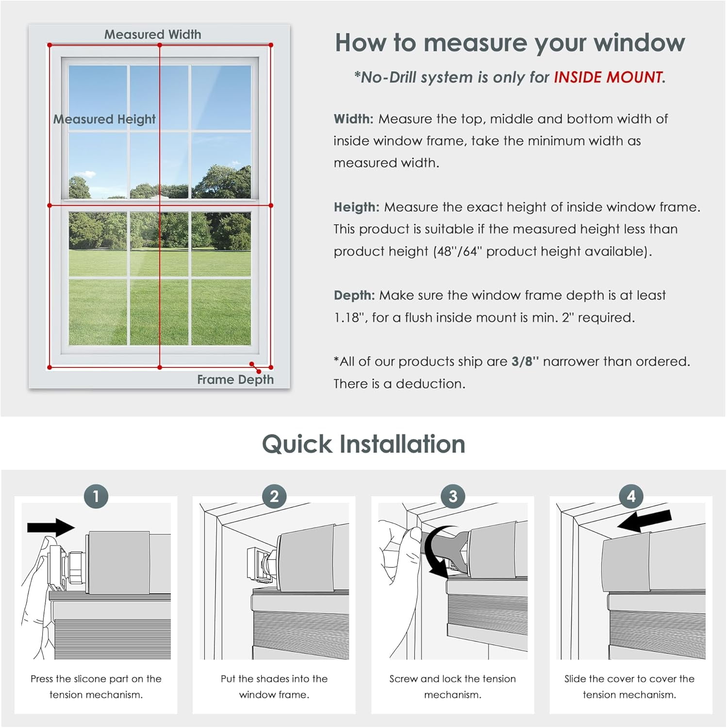 LazBlinds No Tools No Drill Cordless Cellular Shades, Top Down Bottom Up (TDBU) Honeycomb Shades for Home, Light Filtering Thermal Insulation Blinds for Windows, 36" W x 48" H, White
