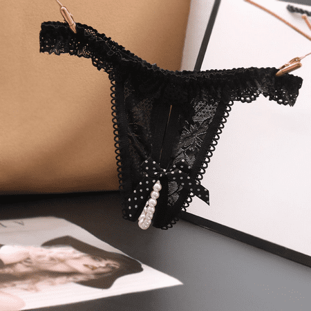 Fulorrnie Women s Lace Sheer Panties Low Rise Underwear Pearl Chain Decorative Bow Sexy Delicate Intimate Apparel  Black  One Size