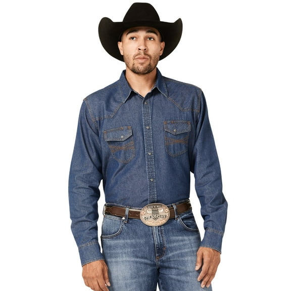 Blue Ranchwear Men's Medium Wash Long Sleeve Snap Western Denim Shirt Medium Blue XX-