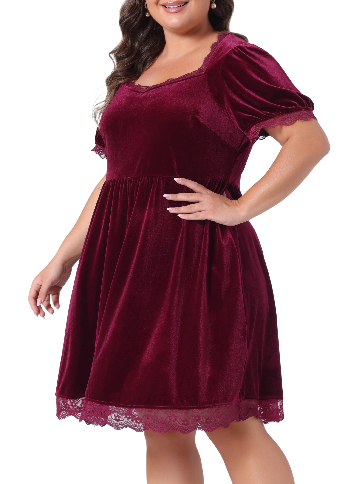 DARING DIVA Plus Size Velvet Lace Trim Short Sleeve Party Dress 3X Burgundy