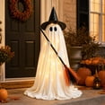 thumbnail image 2 of MYUNNIL Halloween Lighted Witch Ghost Ornament, 5Ft White Large Freestanding Fabric LED Ghost Prop with Witch Hat & Straw Broom, Cute Warm Glowing Decor for Porch Entryway Party Display, 2 of 9