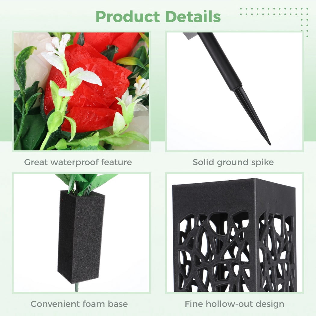 2 Sets Artificial Cemetery Flowers, Memorial Flowers, Beautiful Arrangements for Headstones, Black Plastic Vase Base with Drainage Holes Long Spikes for Outdoor Memorials