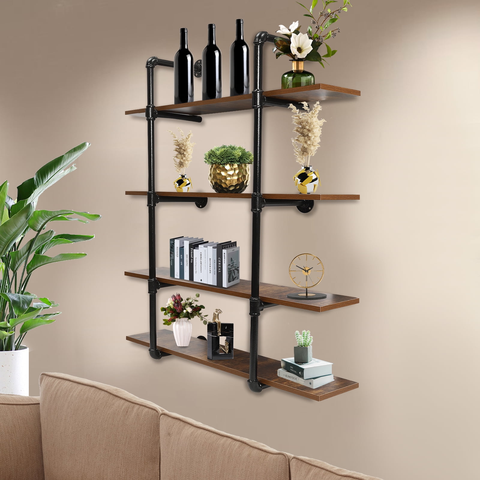 Miumaeov 4 Tier Industrial Pipe Shelving Wall Mounted Rustic Metal Floating Shelves for Farmhouse Kitchen Bar Shelving 36"
