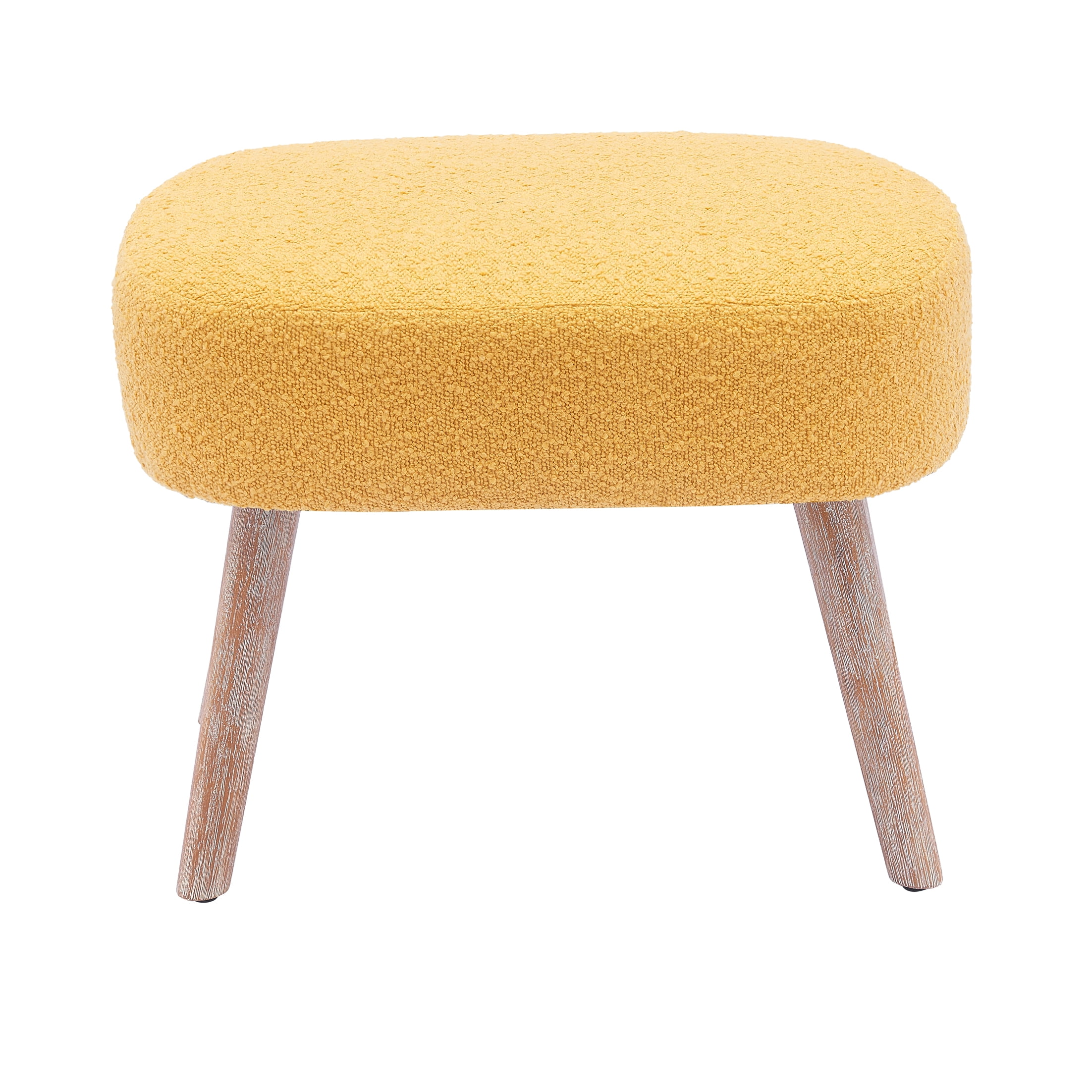 Mid-Century Modern 16.5" Tall Water and Stain Resistant Boucle Fabric Upholstered Ottoman with Wooden Legs, Mustard