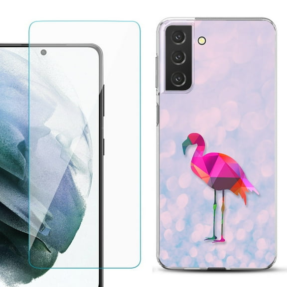 Slim-Fit TPU Fashion Phone Case for Samsung Galaxy S21 FE 5G Fan Edition, with Tempered Glass Screen Protector, by OneToughShield ® - Flamingo / Polygon