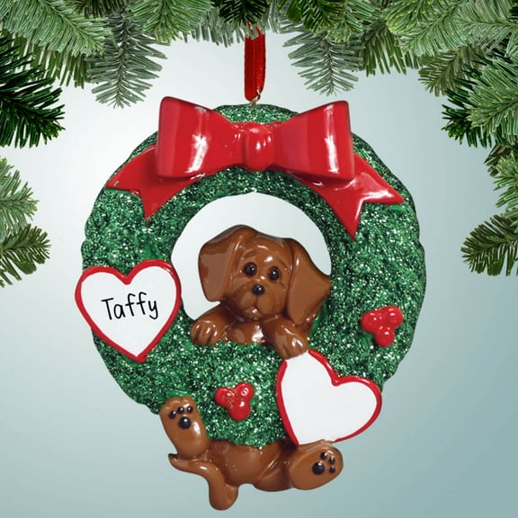 Brown Dog Hanging from Wreath - Personalized Christmas Ornament - Perfect Stocking Stuffer - Great Gift Ideas