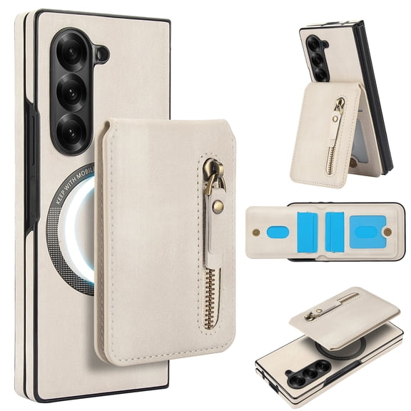 Detachable Strong Magnetic Case for Samsung Galaxy Z Fold 7, 2-in-1 Zipper Card Slots Wallet Multi-view Kickstand PU Leather Phone Cover - Compatible with MagSafe Wireless Chargers, White