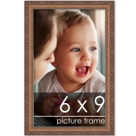 6x9 Antique Gold Bronze Wood Picture Frame - UV Acrylic, Foam Board Backing, Hanging Hardware