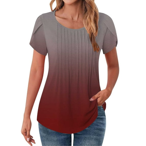 Seductiva Women's Classic-Fit Short Sleeve Tops for Women Trendy Petal Sleeves Pleated Crew Neck Tunic Blouses Cute Floral Gradient Graphic Tees Summer Shirts Casual Dressy Fashion Trendy Clothes
