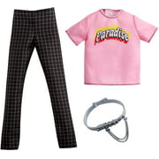 ​Barbie Fashions Pack: Ken Doll Clothes with Pink “Paradise” top, Black Checked Pants & Silvery Chain Belt, Gift for Kids 3 to 8 Years Old