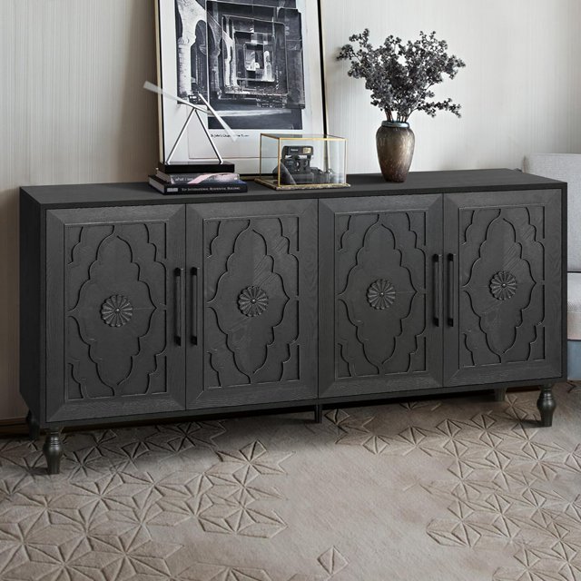 Grande Armoire de Rangement avec Poignée en Métal Adaptée pour Salon, Cuisine, Entrée (Noir)