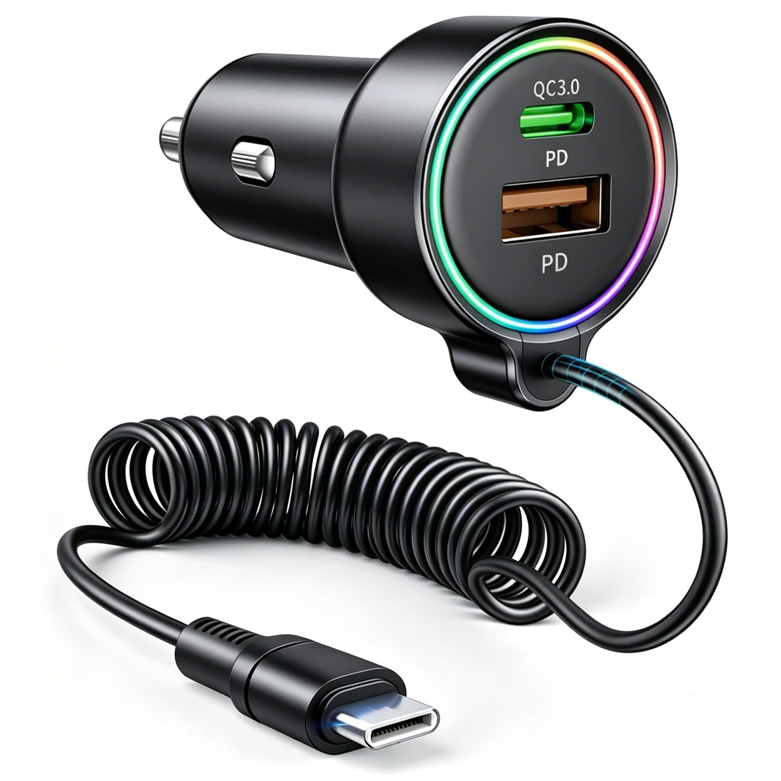 USB C 85W Car Charger for iPhone 17/16 Pro Max, PD & QC3.0 w/5 ft 45W Type Coiled Cable, Fast Car Phone Charger Adapter for iPhone 17Air/15 Pro, Samsung Galaxy S25/S24/S23, Pixel 10/LG/Android, iPad