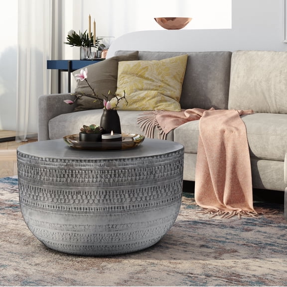 Simpli Home Johnsen 29.5" Wide Boho Metal Coffee Table in Antique Silver Iron & Assembled