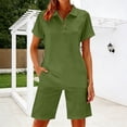 thumbnail image 2 of Arlun 2 Piece Short Sets for Women Summer V-Neck Button up Short Sleeve Polo Shirts Matching Straight Leg Shorts with Pocket Casual Workout and Daily Wear Two Piece Fashion Outfit Green S, 2 of 5