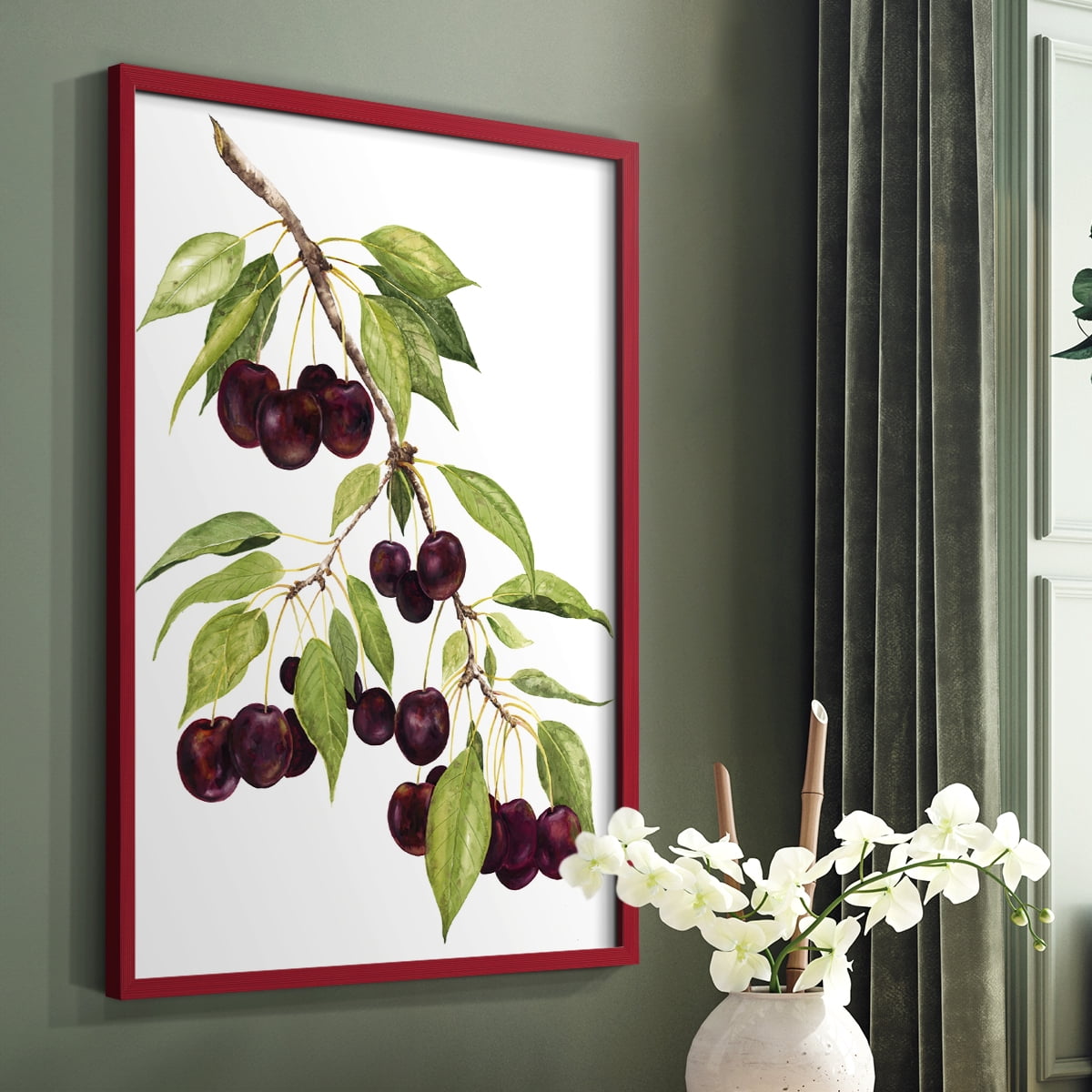 Watercolor Cherries Framed Print in Red Solid Wood 11 x 14 Framed Print