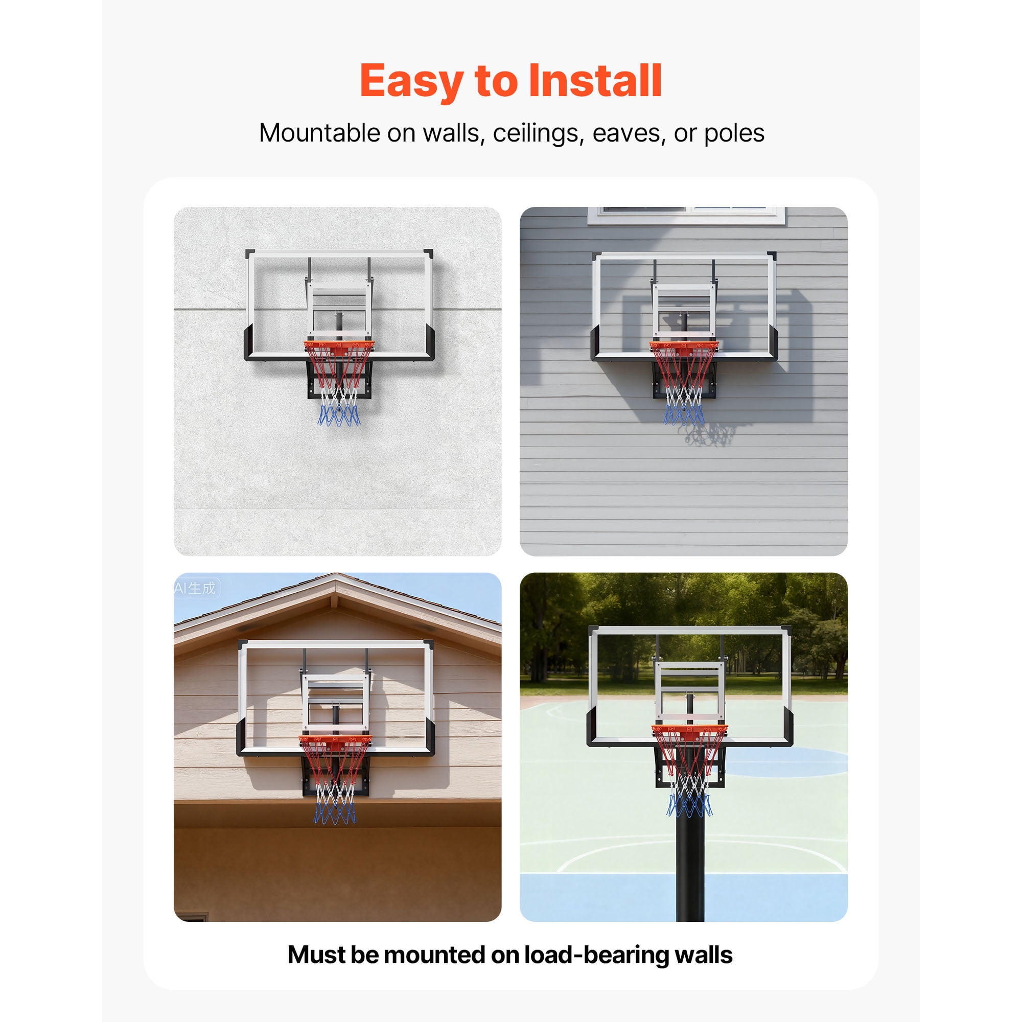 KFFKFF Wall-Mounted Basketball Hoop, 54-inch Polycarbonate Backboard with Hand-Crank Height Adjustment, Durable 0.11-inch Thick Backboard, Classic Design for Indoor and Outdoor Play