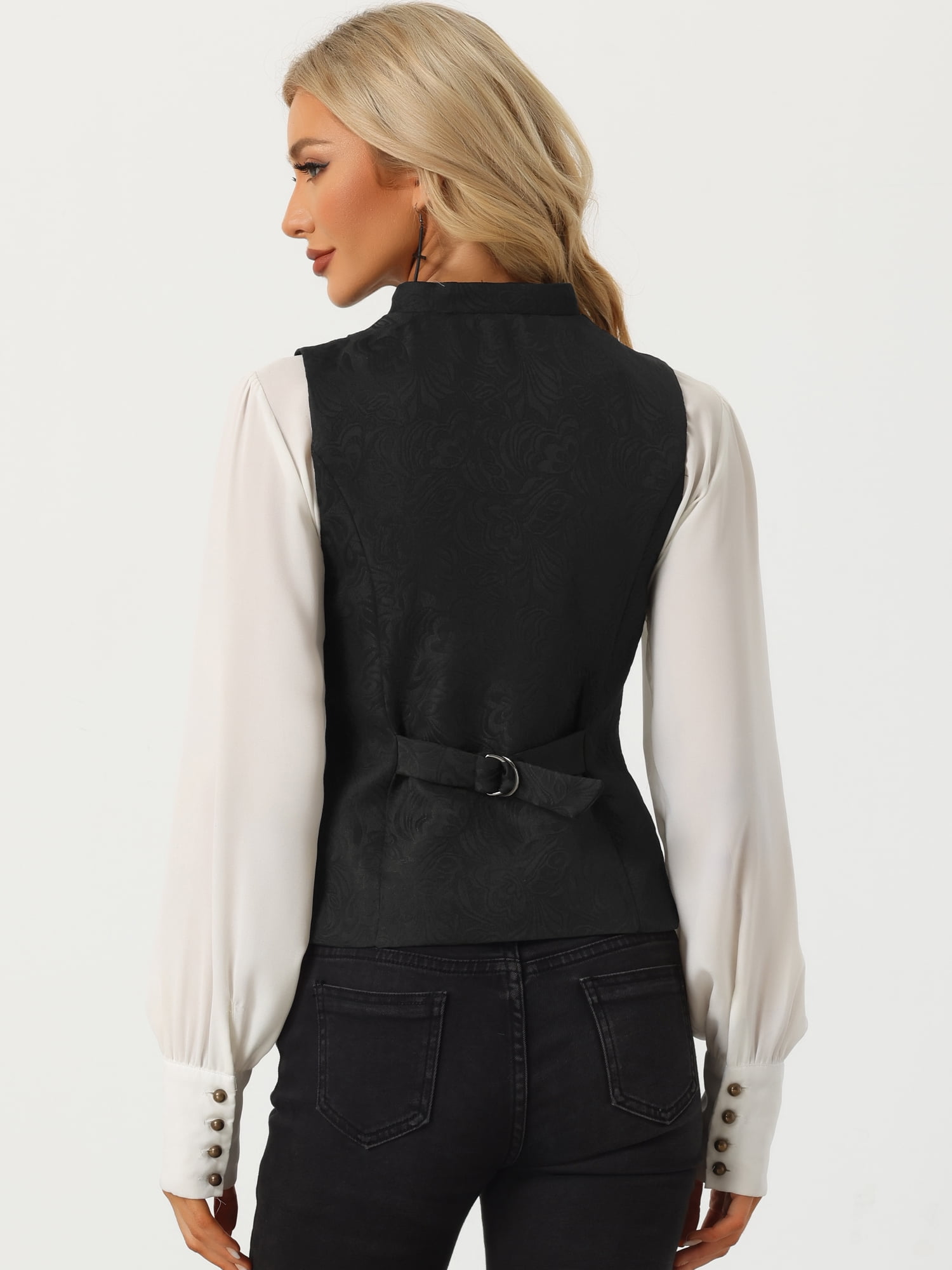 DARING DIVA Women's U Neck Jacquard Single Breasted Floral Gothic Waistcoat L Black