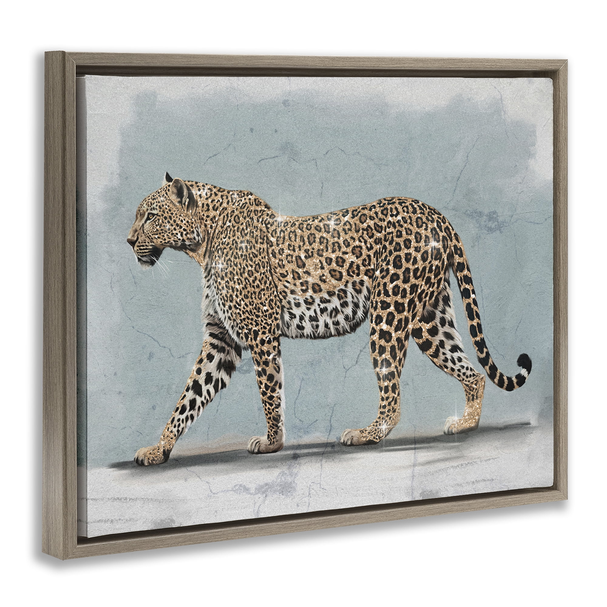 Stupell Industries Stepping Glam Leopard Animals Painting Brown Floater Framed Canvas Art Print Wall Art, 21 x 17