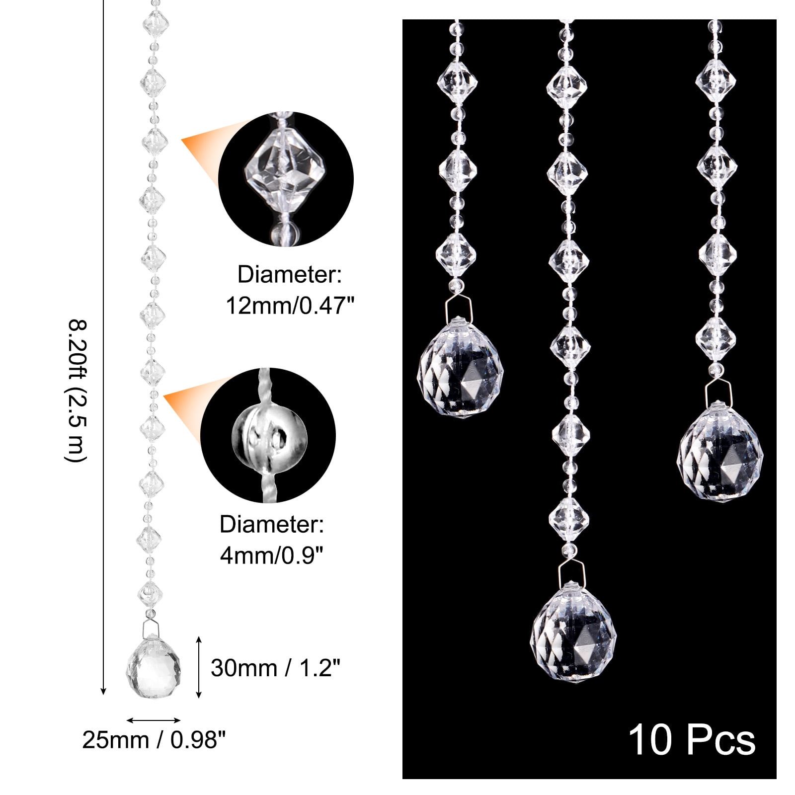 10 Pcs Acrylic Crystal Garland Strands, Clear Crystal Beads Strands Bead String Hanging (2.5m/8.2ft)
